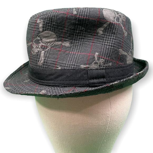 Scull and Crossbones Fedora Hat Gray Red Medium Goth - Picture 6 of 8